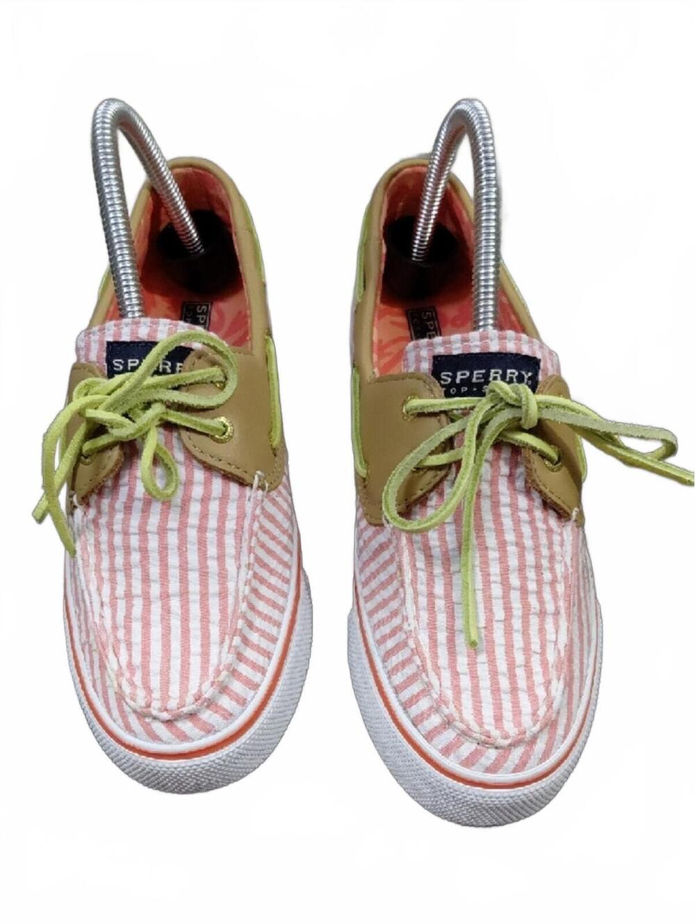 "Sperry" 7M, Pink Striped Boat Shoes with Leather Laces. Look new except soles! - Picture 2 of 9